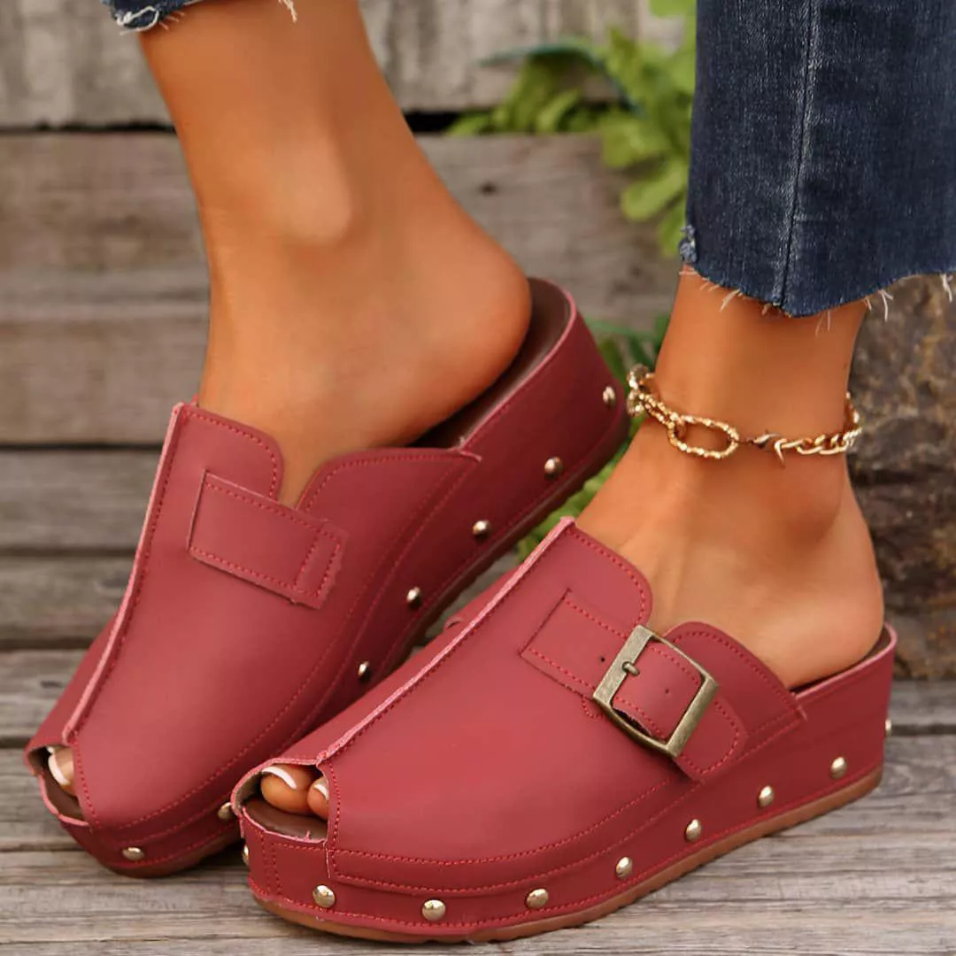 UMIK Women's Wedge Heel Comfortable Slides Burgundy