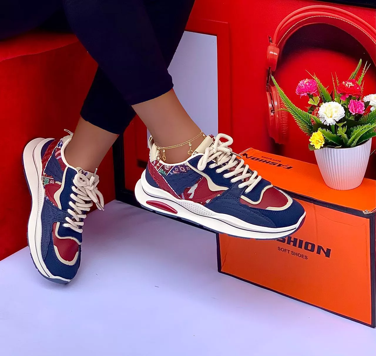 Fashion Soft Shoes – Navy Blue, Red & White Patterned Sneakers