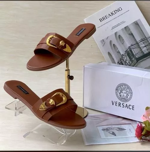 Versace-Style Brown & Gold Buckle Slippers