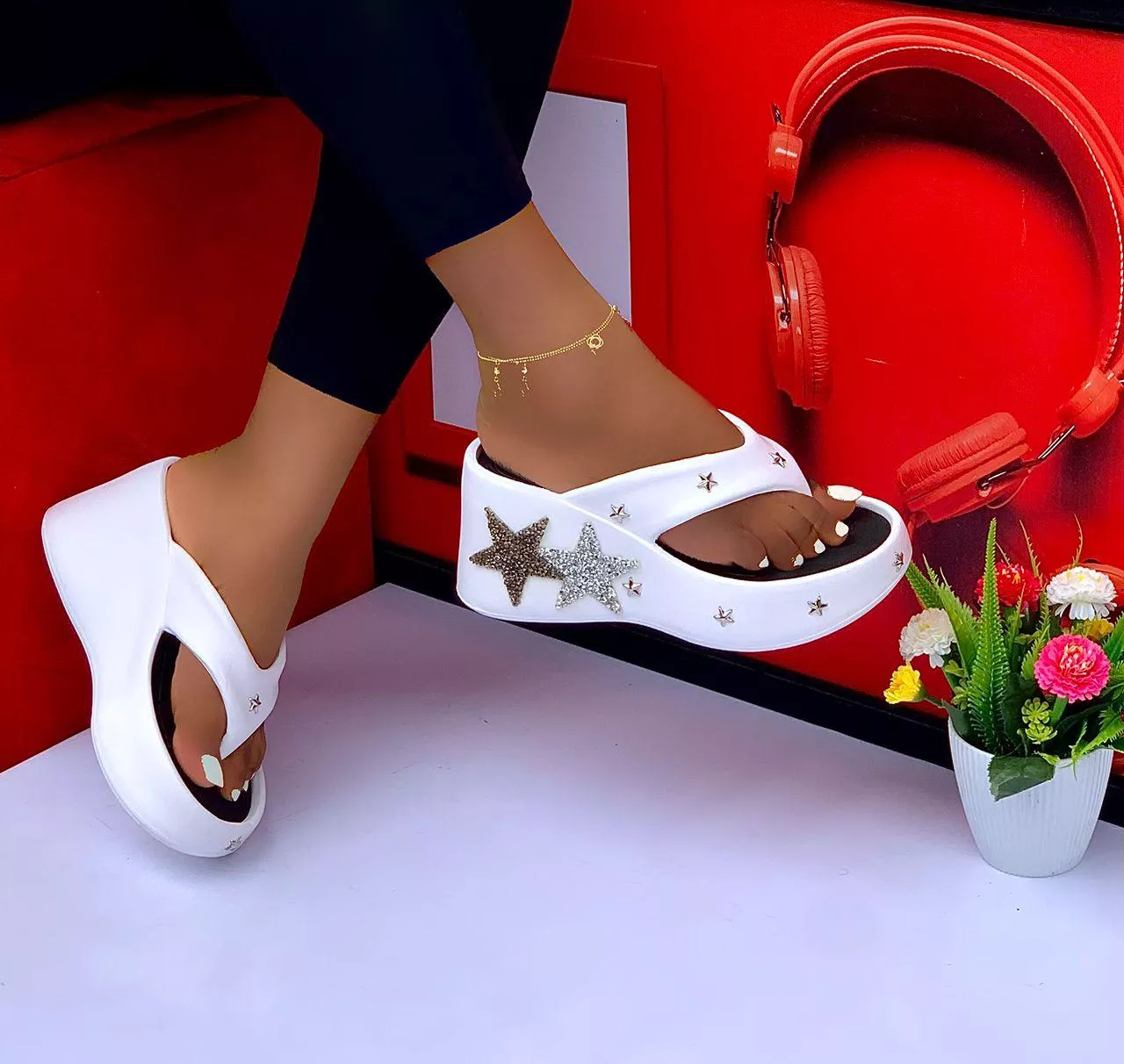 Star Studded Women's Wedge Slippers White