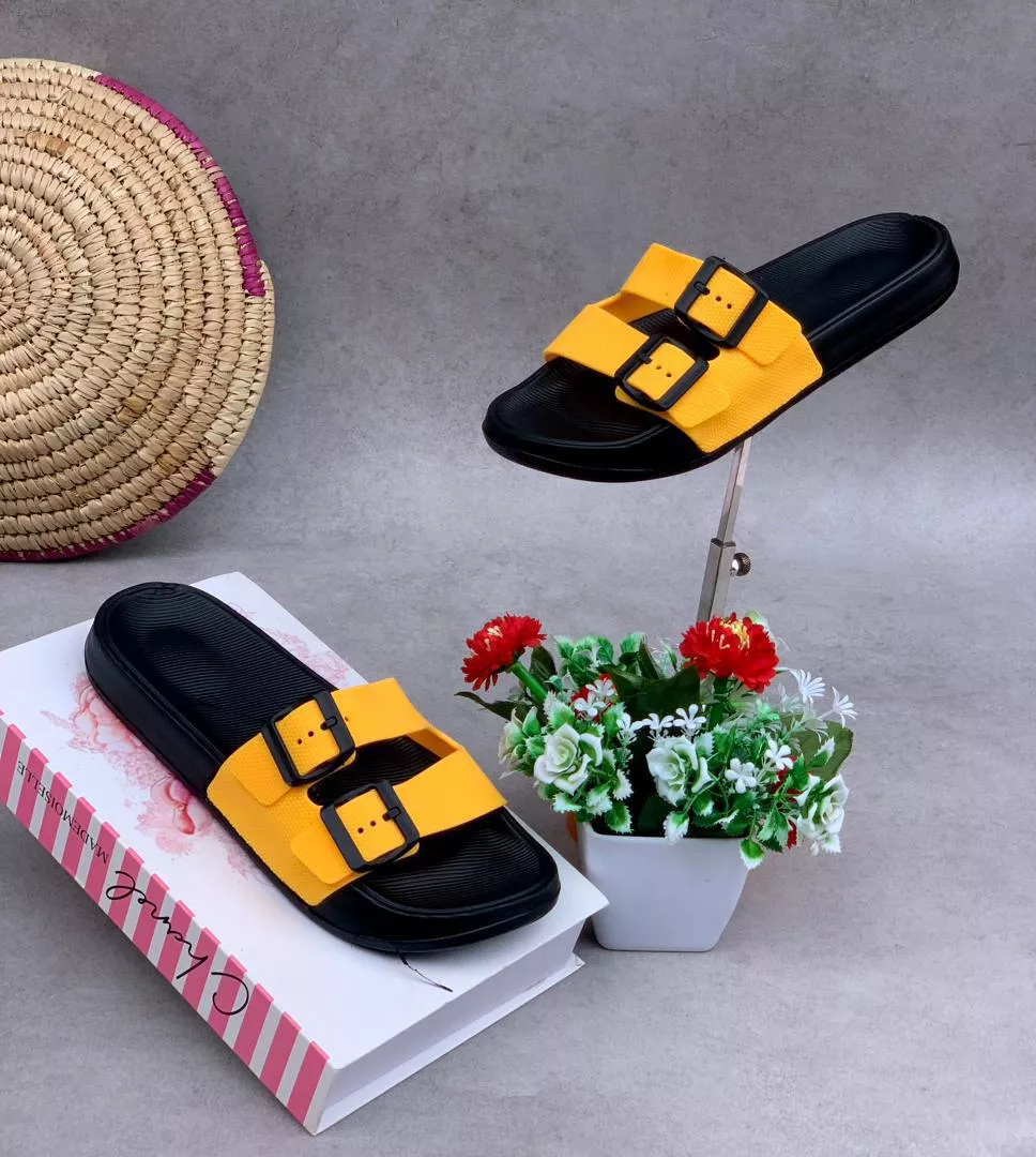 Yellow Double-Strap Buckle Slide Sandals
