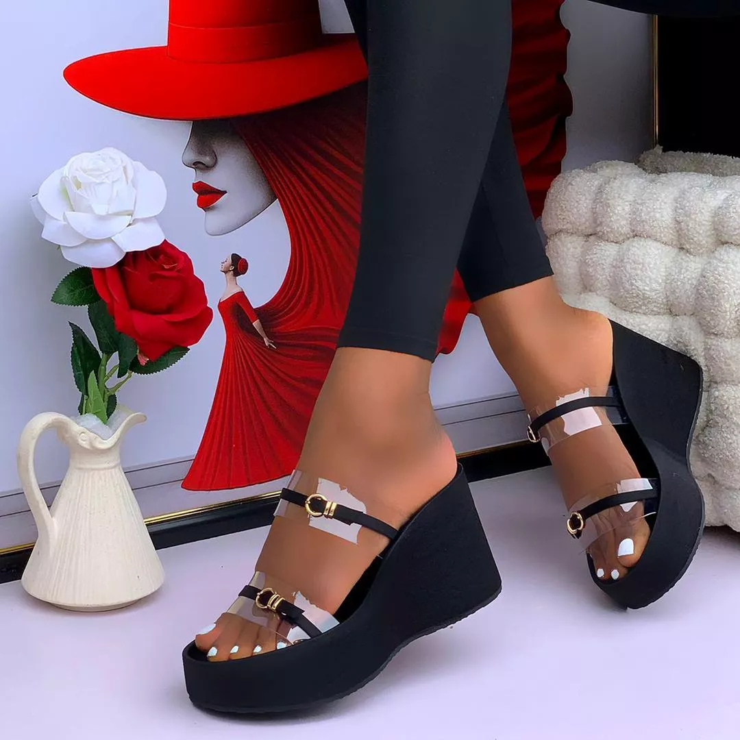 Black Clear-Strap Wedge Sandals