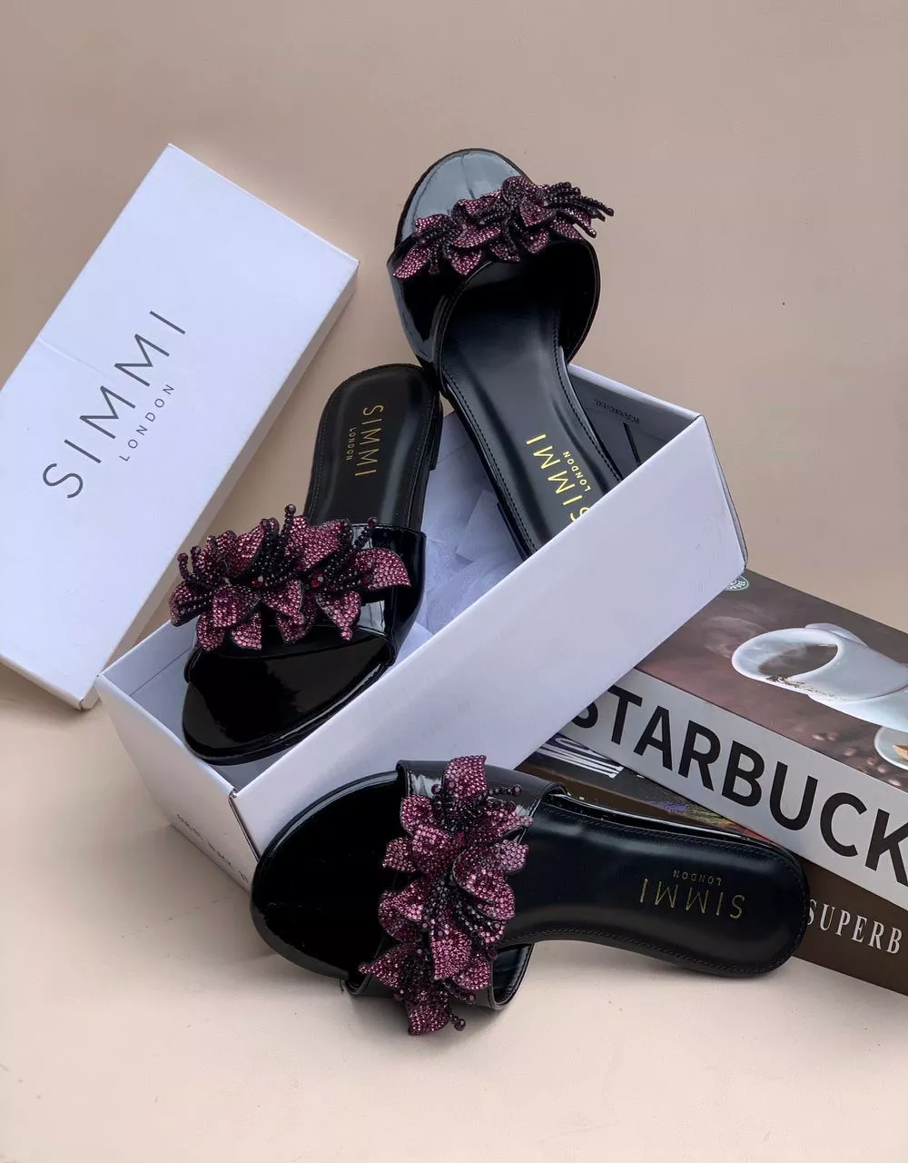 Simmi London Starbuck Crystal Floral Slides – Black